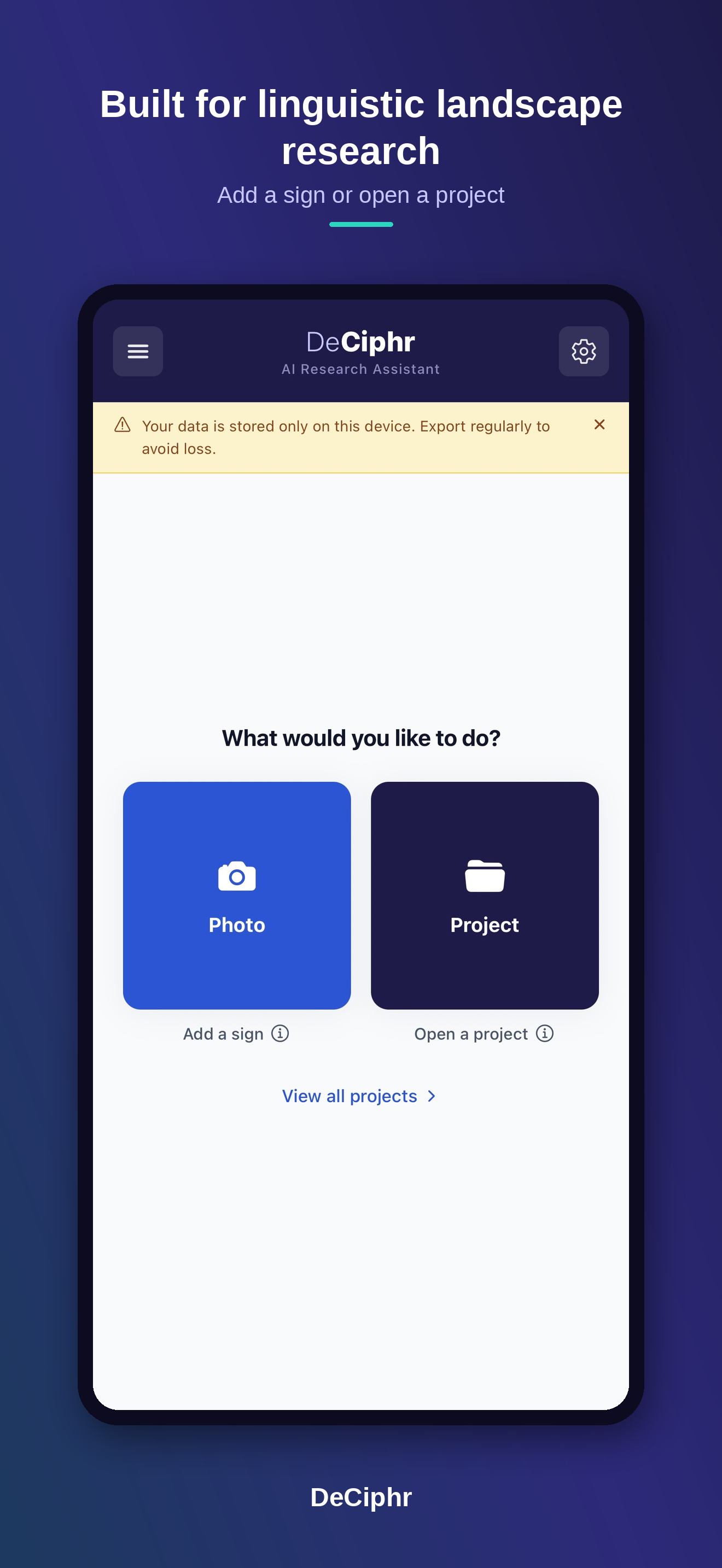 DeCiphr home screen — Add Sign and recent projects