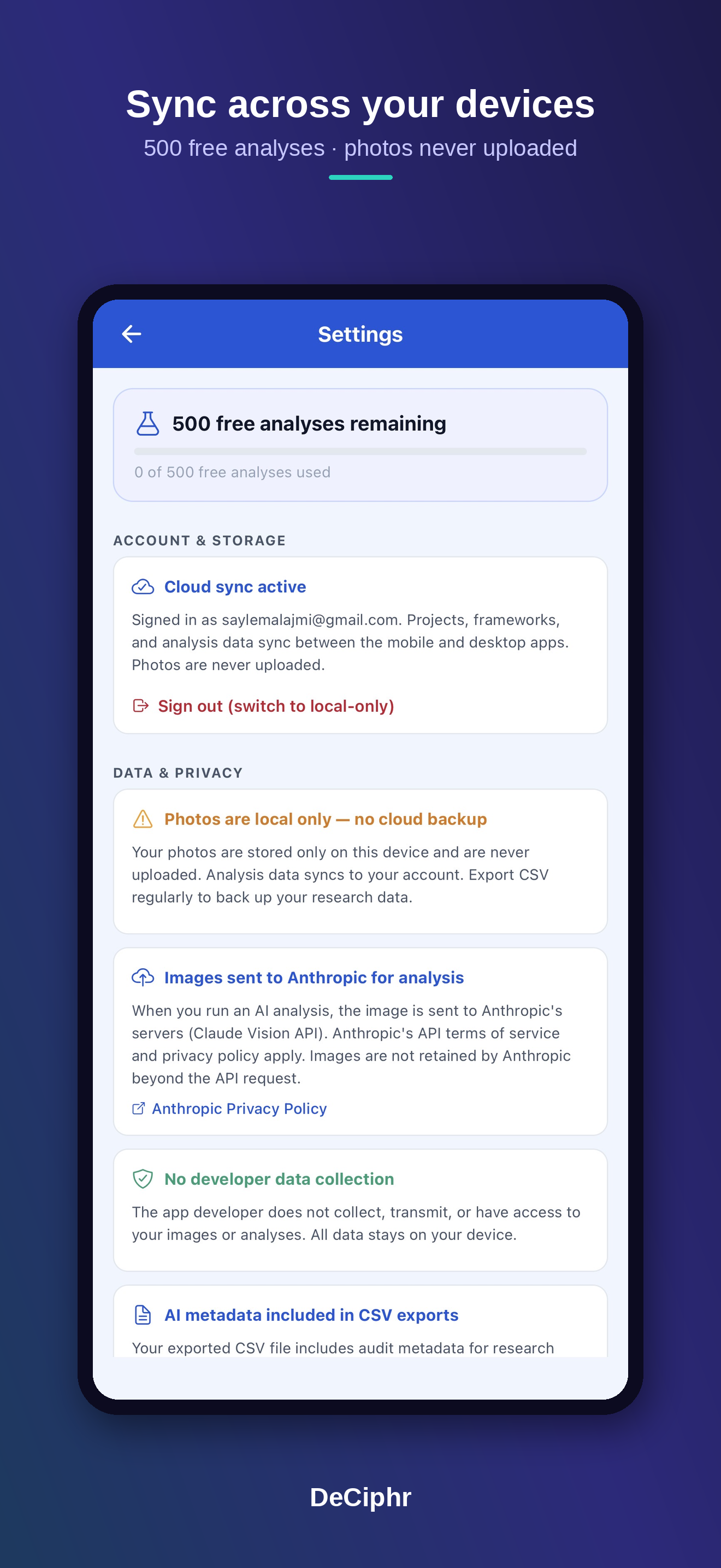 DeCiphr About & Data screen